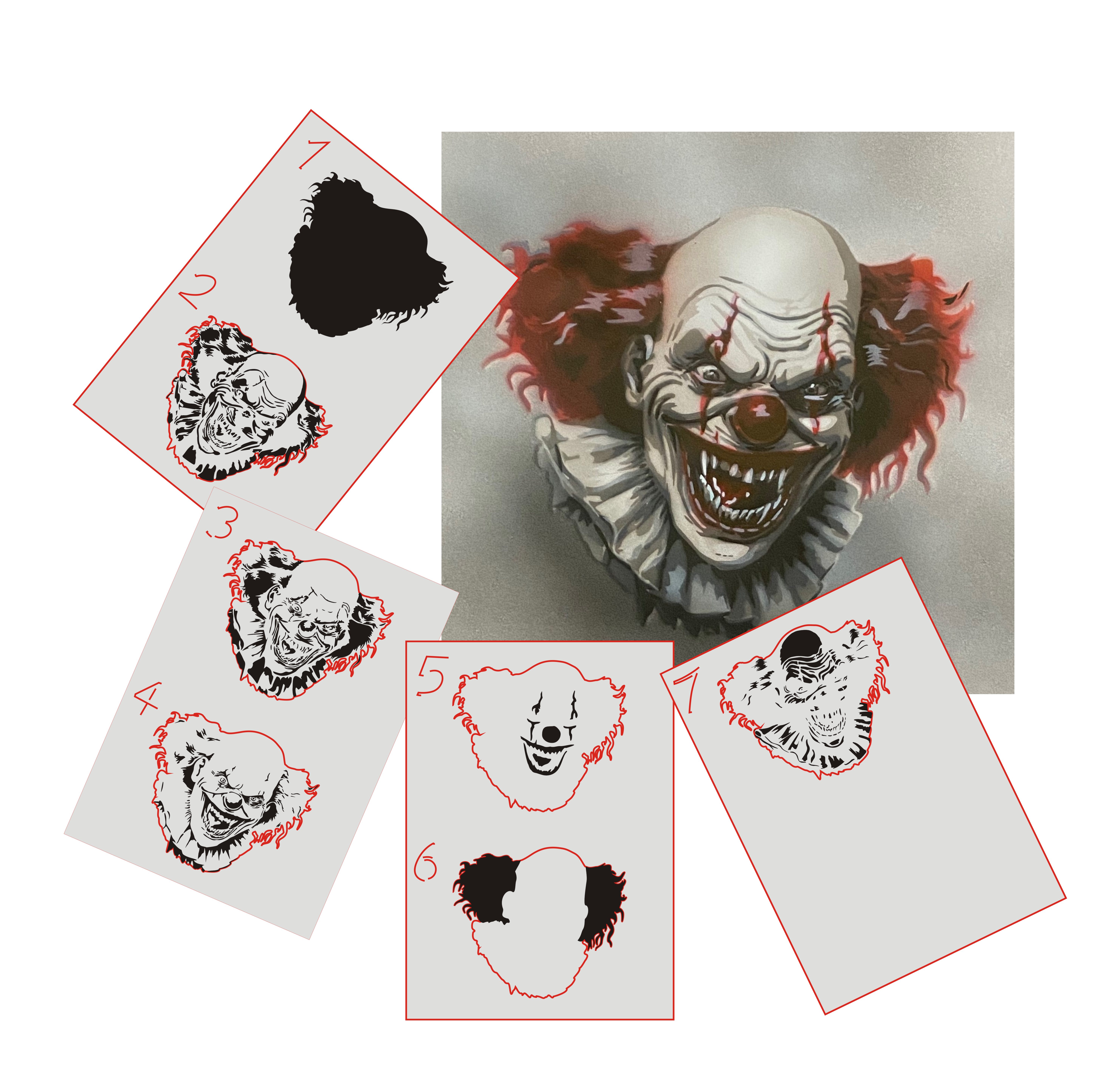 AS-375 Evil Clown Step by Step airbrushstencil for acrylic, airbrush, spray, varnish and wall paint